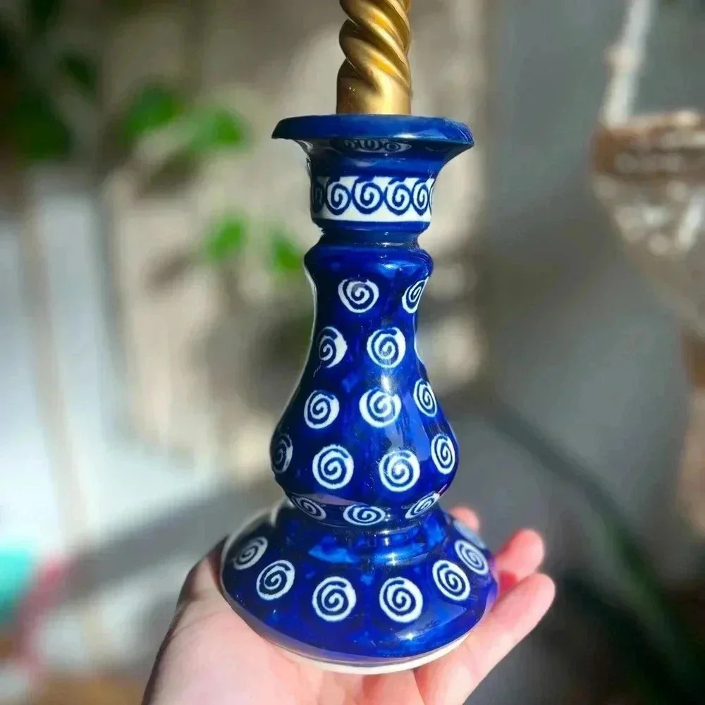 5” Polish Pottery Candlestick Holder - Handcrafted Blue Spiral Design